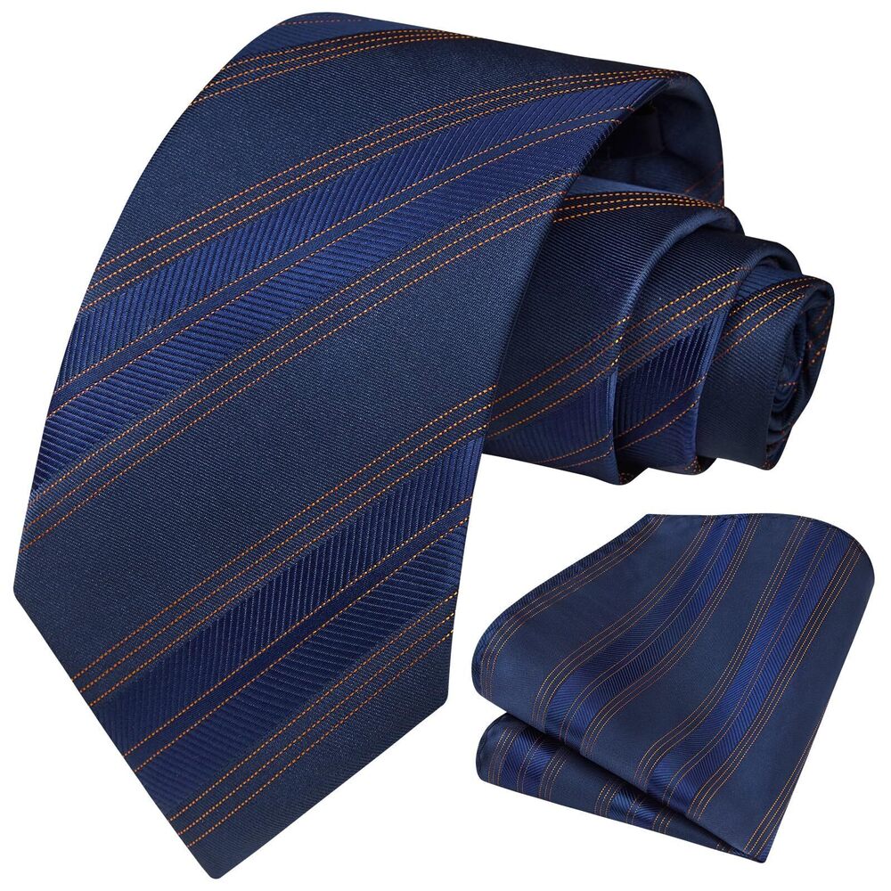 8210 Ties Necktie and Handkerchief Set Navy Blue Bow Tie Striped Business